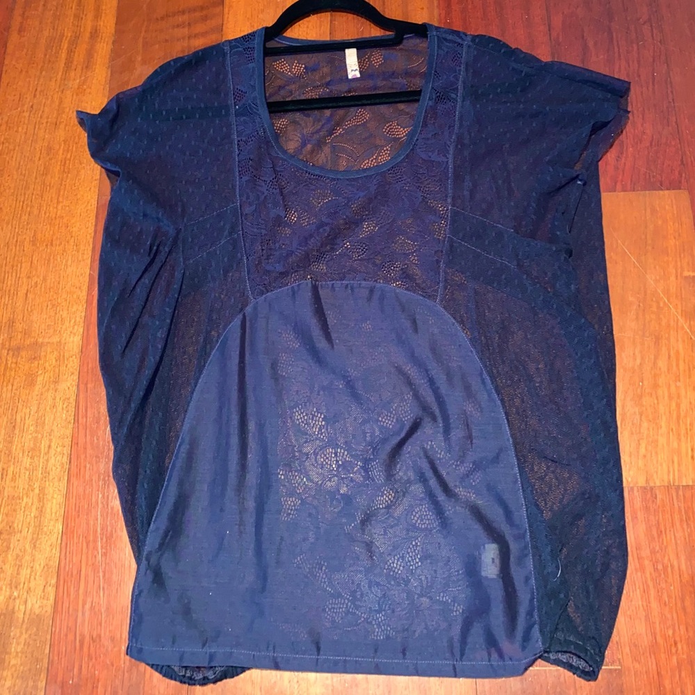 Free People Navy Blue Lace Short Sleeve Top